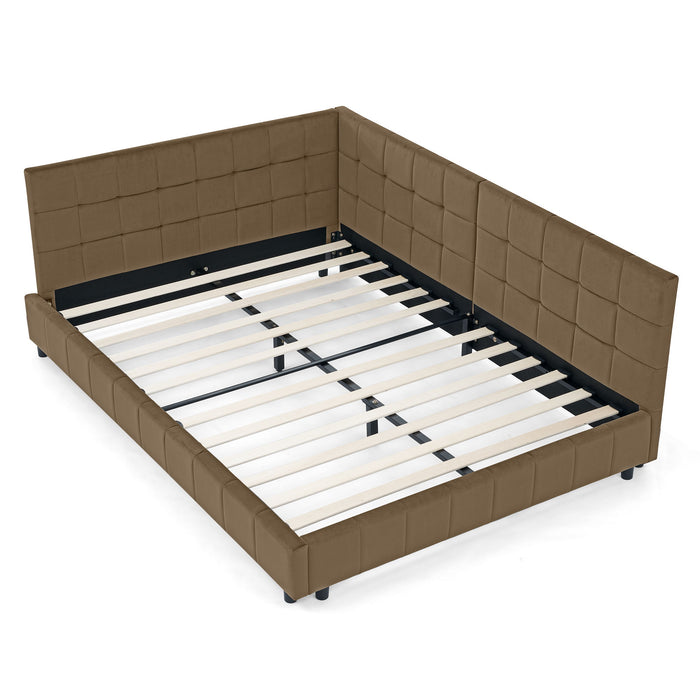 Upholstered Bed Frame With Tufted Backrest And Armrests