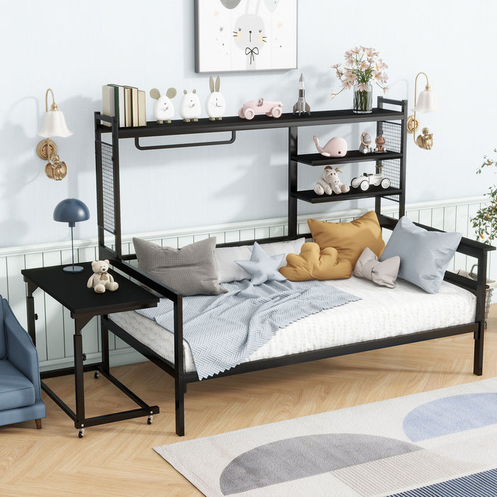 Daybed With Movable Desk, Grid, Shelves And Clothes Hanger
