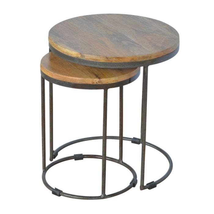 Round Stool Table With Iron Base (Set of 2) - Brown / Black
