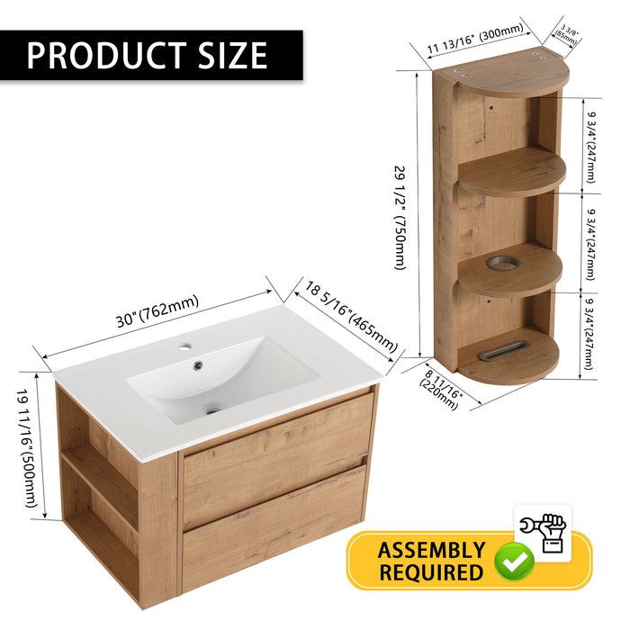 Modern Wall Mounted Bathroom Vanity With Ceramic Sink And Storage Rack, 2 Soft Close Drawers