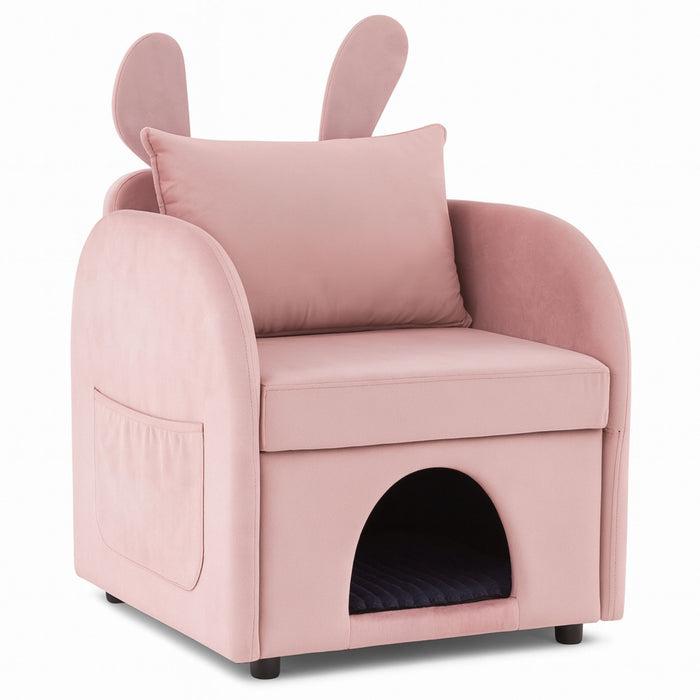 Bunny Ear Pet Friendly Armchair With Hidden Pet House With Storage Pocket For Bedroom & Living Room - Pink