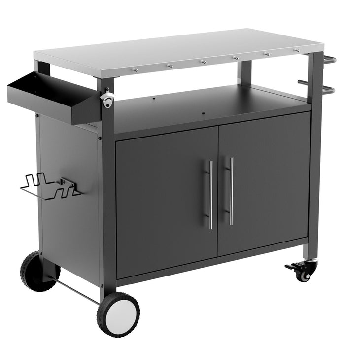 Outdoor Grill Cart With Storage, Rolling Bar Cart With Hooks And Spice Rack Stainless Steel