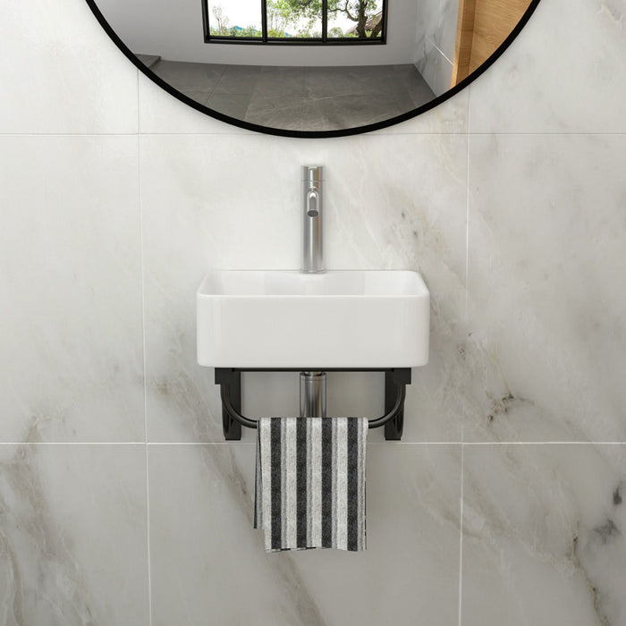 Rectangular Bathroom Sink With Towel Bar & Faucet Hole, Wall Mounted - White