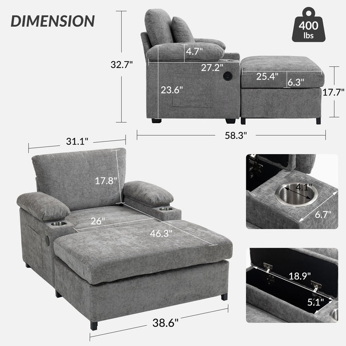 Chenille Fabric Sofa Bed With Cupholders And USB Charging Ports Chair For Living Room