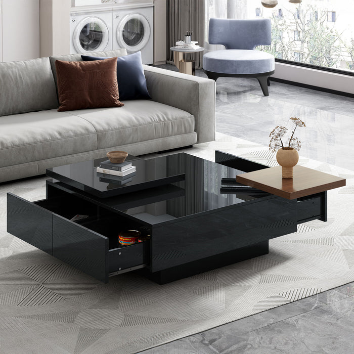 Movable Square Top Coffee Table With 4 Hidden Storage Drawers