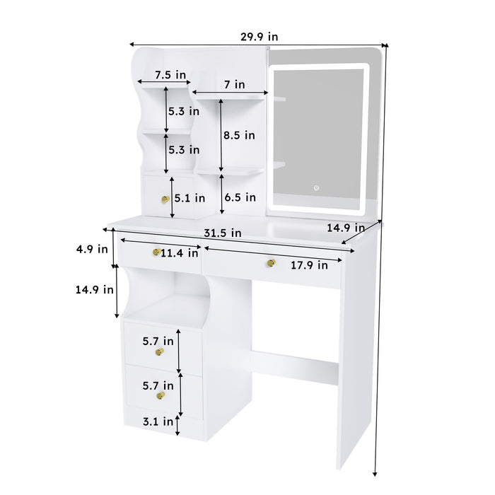 Dressing Table With Movable Mirror And LED Light, 5 Drawer Storage Organizer - White