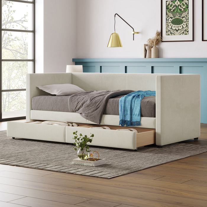 Corduroy Daybed With Two Drawers And Wood Slat