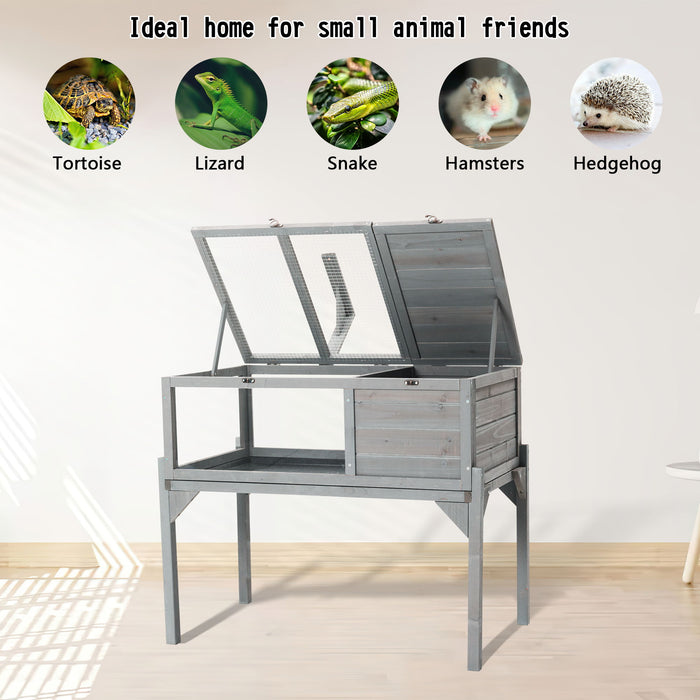 Tortoise Habitat Indoor & Outdoor Wooden Tortoise House With Detachable Legs Reptile Cage For Small Animals Non Leak Waterproof Tray - Gray