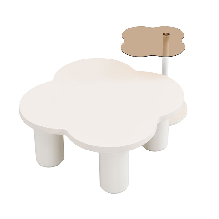 Modern Coffee Table (Set of 2), Irregular Shape Coffee Table With Four Roman Column Legs And End Table With Glass Top For Living Room - White