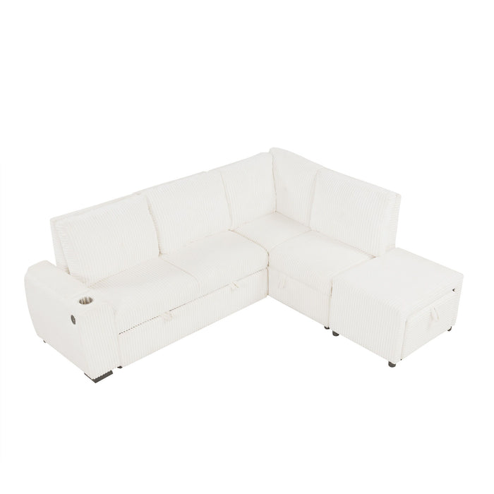 Pull-Out L-Shaped Sectional Sofa With Movable Ottoman And Stool, Large Storage Space, A Cup Holder, And 2 USB Ports For Living Room