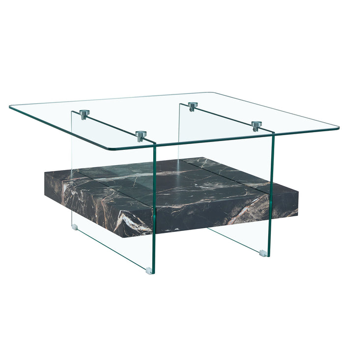 Modern 2 Tier Square Coffee Table, Elegant Marble Pattern