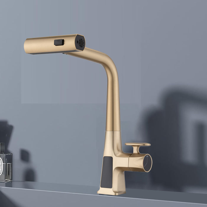 Waterfall Kitchen Faucet With Temperature Display And Pull Down Sprayer - Brushed Gold