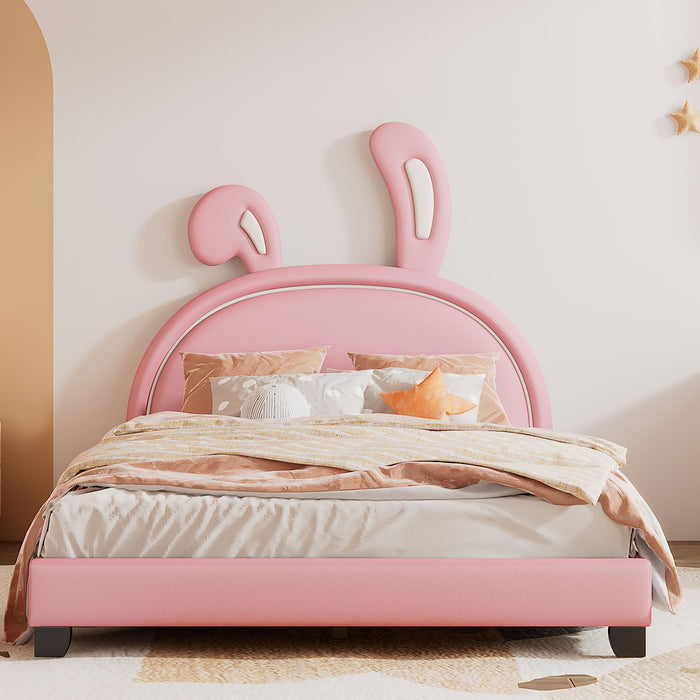 Upholstered Leather Platform Bed With Rabbit Ornament