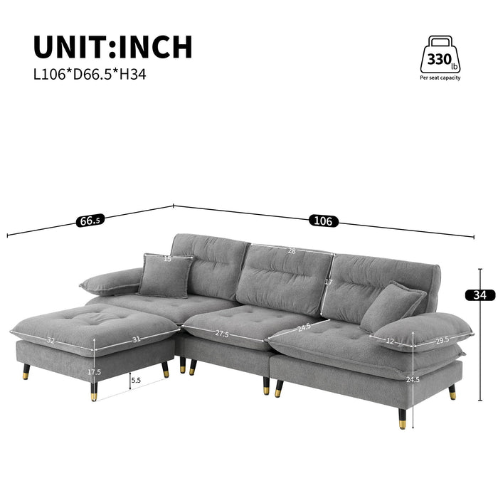 L Shaped Convertible Sectional Sofa 4 Seat Tufted Couch Set With Two Tone Adjust Legs Cloud Movable Ottoman