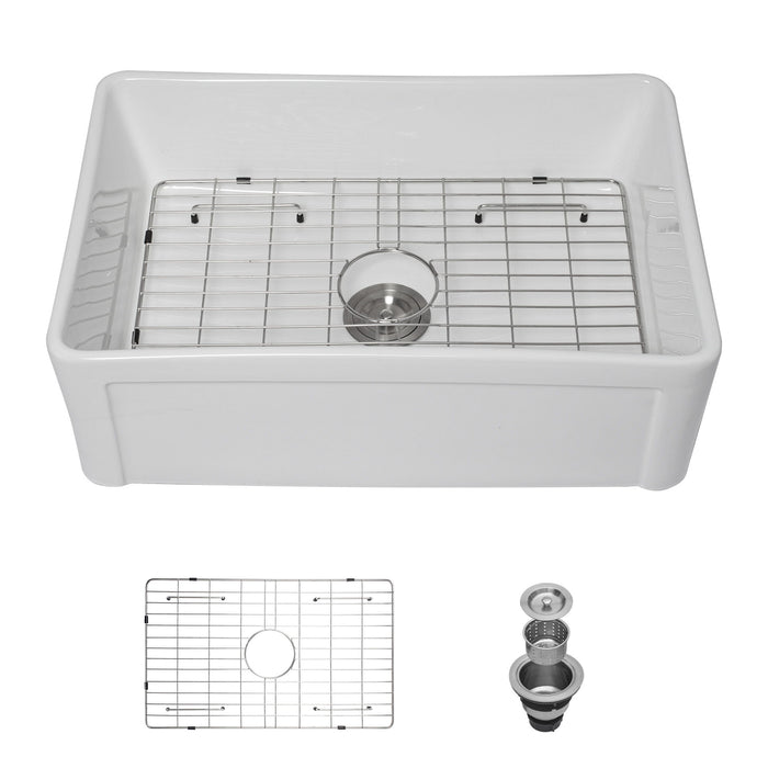 Sink 30" Apron Front Reversible Single Bowl Kitchen Sink & Grid And Strainer - White