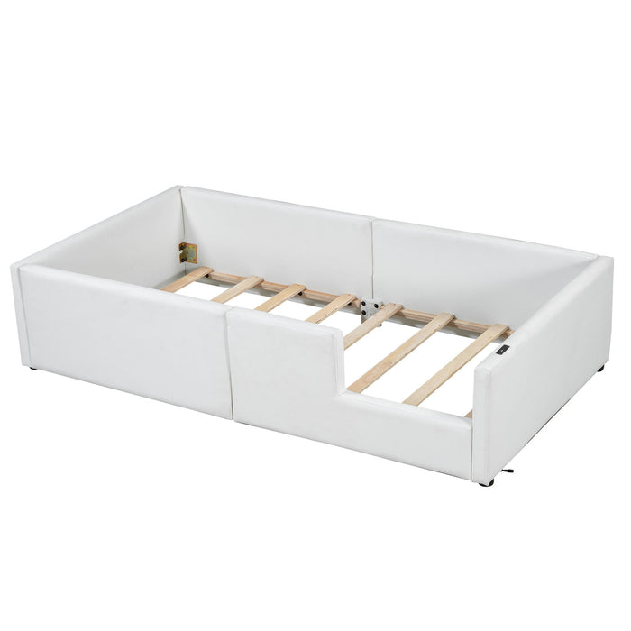 Twin Size Upholstered Platform Bed With Guardrail And Charging Station - White