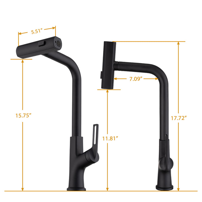 Modern Kitchen Waterfall Faucet With Pull Down Sprayer, Single Handle, 360 Degree Rotating - Matte Black
