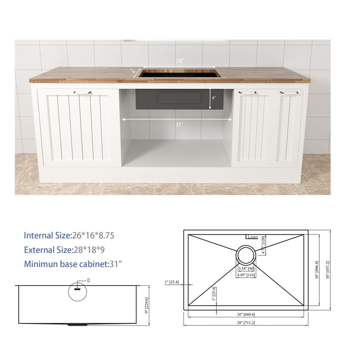 Modern Undermount Stainless Steel Kitchen Sink 16 Gauge, Deep Single Bowl