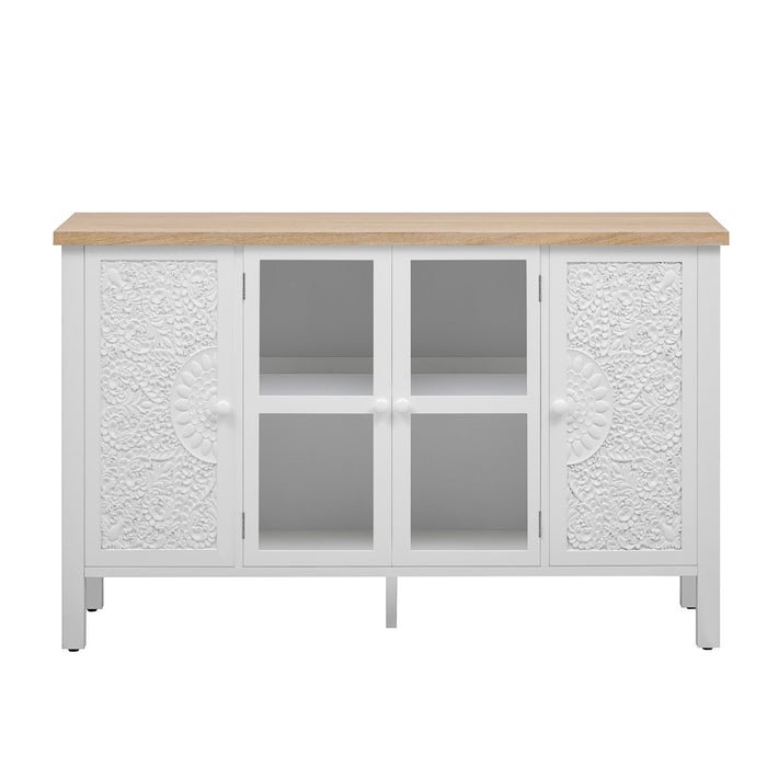 Retro TV Stand With 3 Spacious Cabinets, Glass Cabinet Doors And Anti-Tip Device