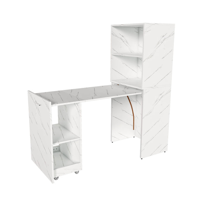 Stretchable Office Desk With Storage Shelves And Mobile Wheels, Foldable Design For Small Apartments - White Marble