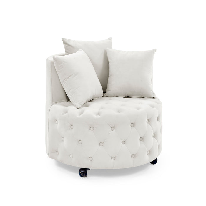 Modern Upholstered Swivel Chair With Button Tufted Design And Movable Wheels