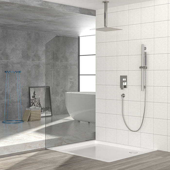 Ceiling Mounted Square Shower System With Adjustable Slide Bar, 16" Rainfall Shower With Handheld - Brushed Nickel