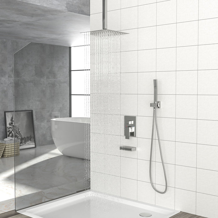 12" Ceiling Mount Square Shower System With Waterfall Tub Spout And Handheld Shower