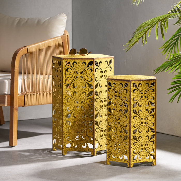 Outdoor Hexagonal Accent Table Set With Charming Fleur De Lis Panel Sides - Antique Yellow