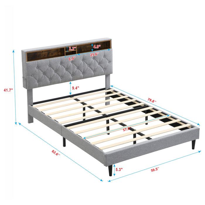 Modern Upholstered Platform Bed Frame With Button Tufted Headboard And USB Ports