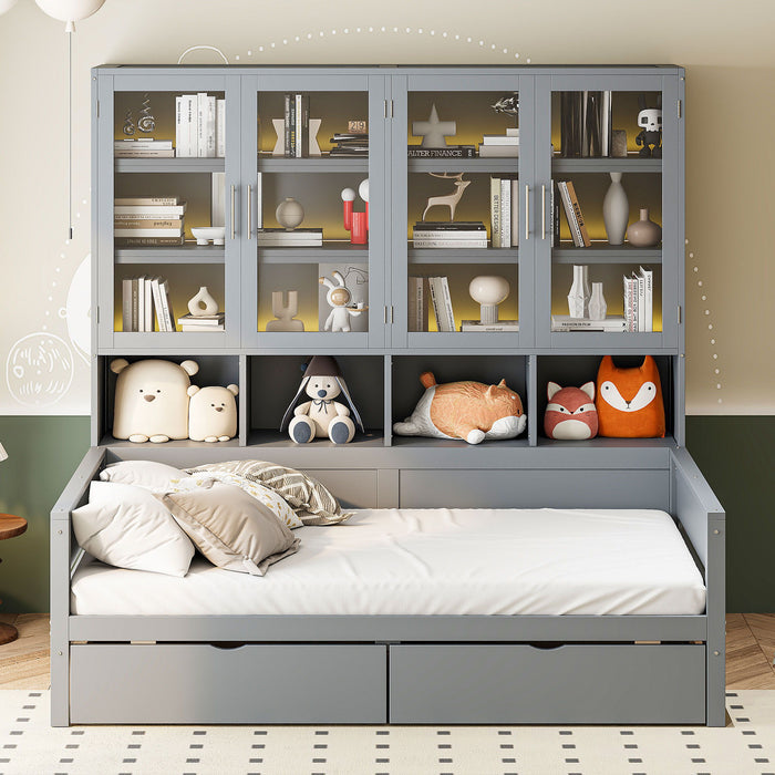 Daybed With Glass Door Storage Cabinets, Built In LED Lighting And Shelves