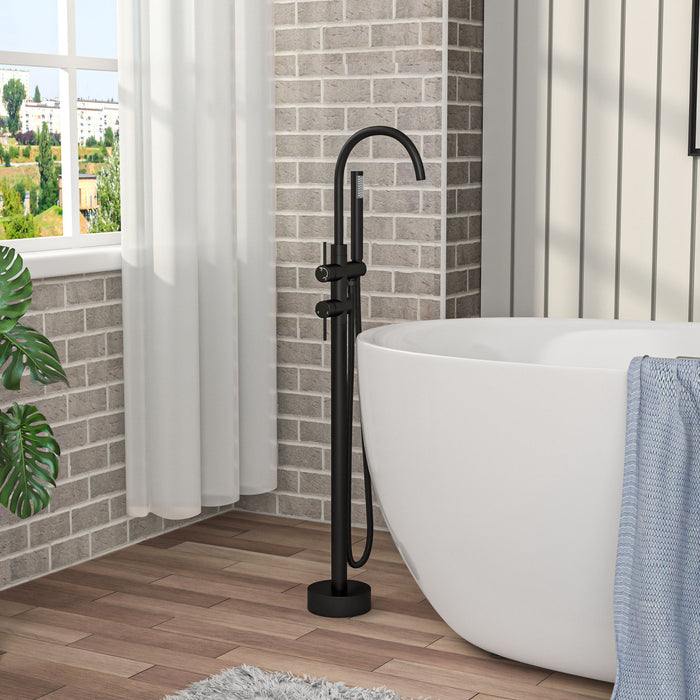 Freestanding Bathtub Faucet Floor Mount Tub Filler With Swivel Gooseneck Spout And Cylinder Handheld