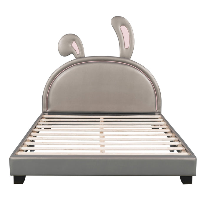 Upholstered Leather Platform Bed With Rabbit Ornament