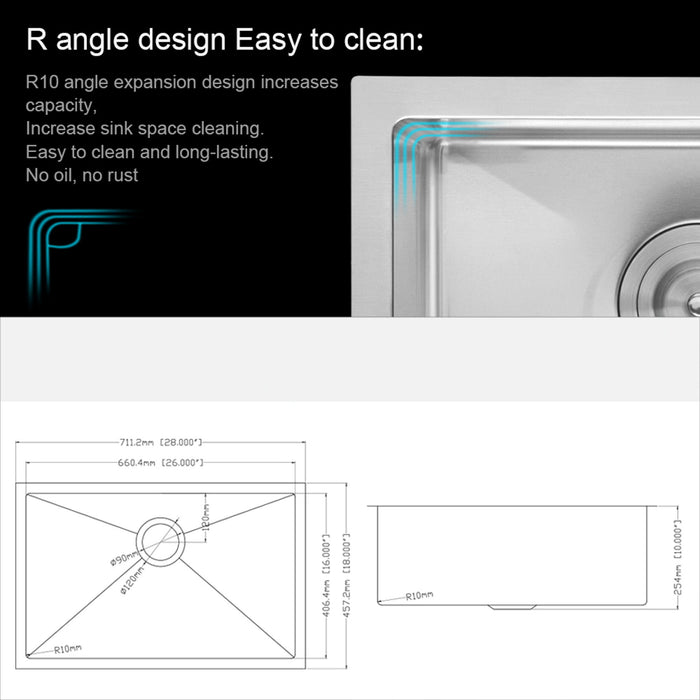 28" Undermount Kitchen Sink With, 10" Deep, Single Bowl, Rounded Corners - Brushed Nickel