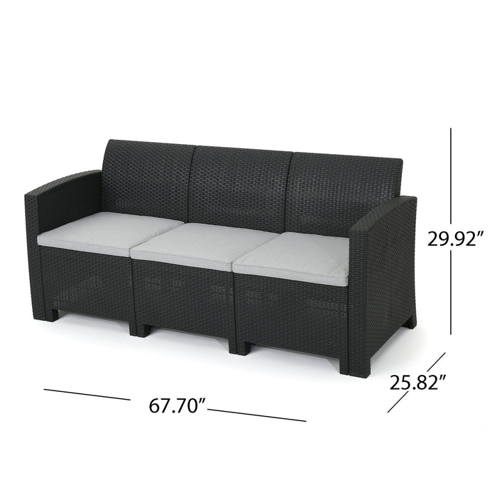 Velvora - Outdoor Wicker Set With 3 Seater Sofa, 2 Club Chairs, Coffee Table And Cushions - Brown