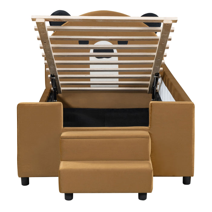 Upholstered Daybed With Bear Shaped Headboard, Hydraulic System And Breathable Mesh Fence