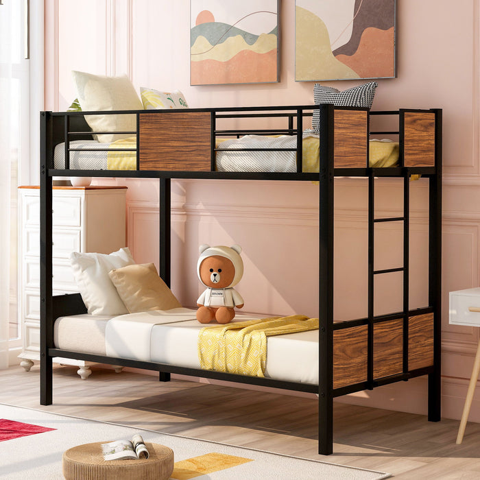 Twin Over Twin Bunk Bunk Bed With Safety Rail, Built In Ladder For Bedroom - Brown