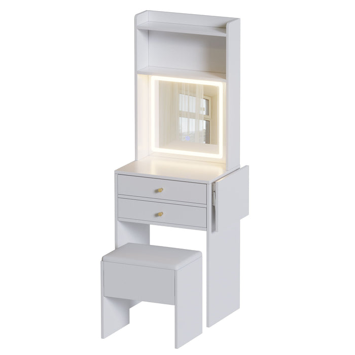 Contemporary Small Space Vanity Table Set With Adjustable Lighted Mirror And Storage Chair - White