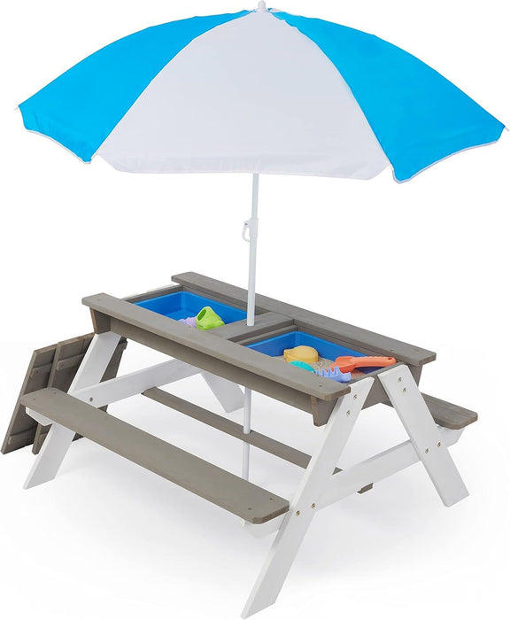 Wooden Kids Picnic Table, Sand And Water Table With Umbrella, Activity Table For Outdoor Backyard Patio Play - White / Gray