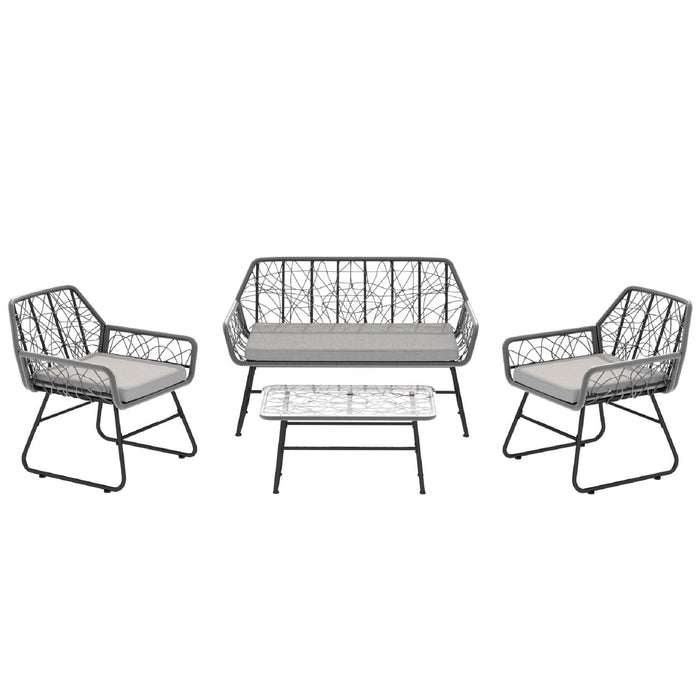 4 Piece Wicker Patio Furniture Set With Tempered Glass Table And Detachable Cushions