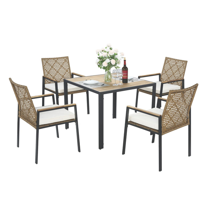 5 Piece Patio Dining Table Set, Acacia Wood Table Top With Umbrella Hole