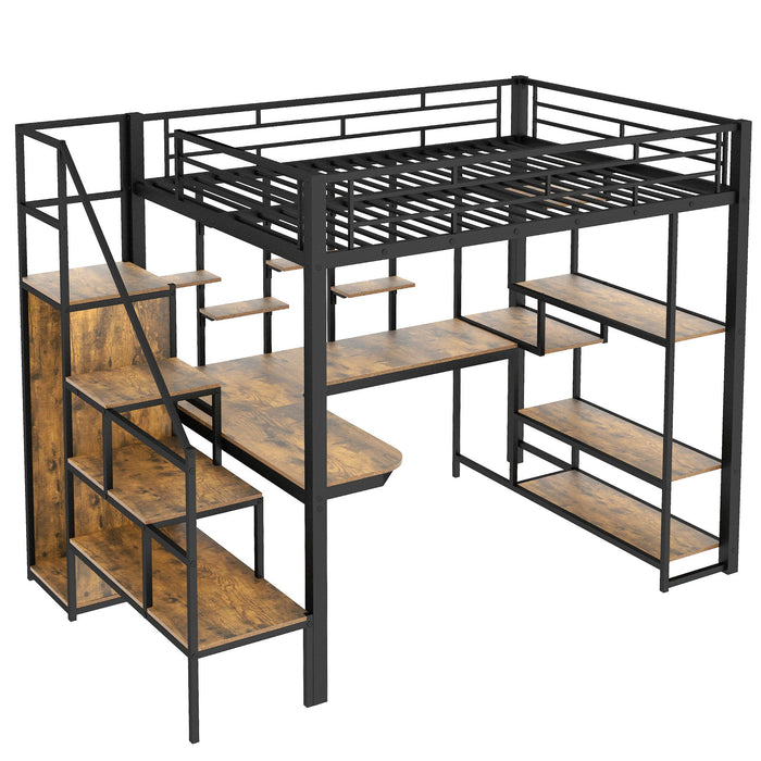 Loft Bed With Storage Staircase And Small Wardrobe, Built - In Desk And Storage Shelves
