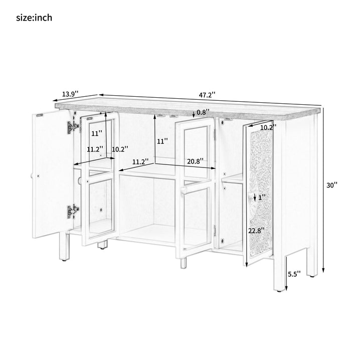 Retro TV Stand With 3 Spacious Cabinets, Glass Cabinet Doors And Anti-Tip Device