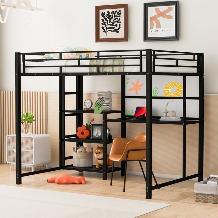 Metal Loft Bed With Desk, 3 Shelves And Ladder
