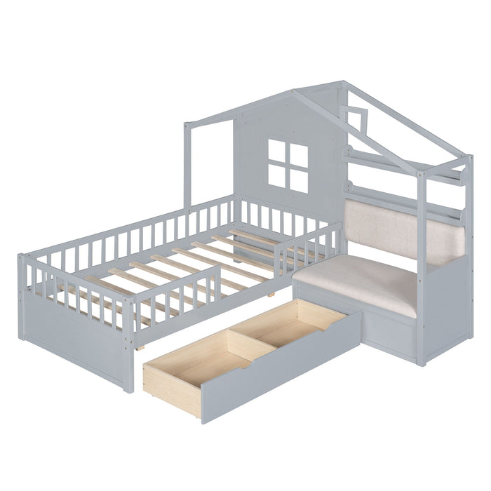 House Bed With Sofa, Kids Platform Bed With 2 Drawers And Storage Shelf