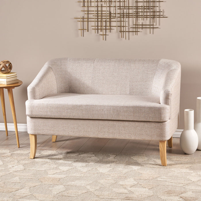 Mid Century Modern Loveseat With Polyester Upholstery And Birch Wood Frame - Beige