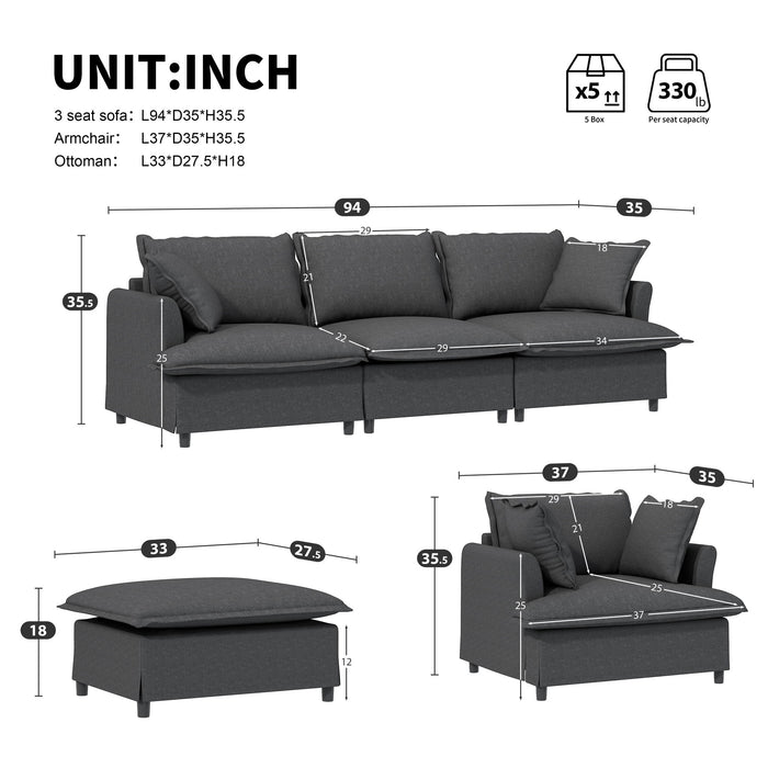 Living Room Set Modular Sectional Couch, Upholstered Sofa & Armchair & Movable Ottoman