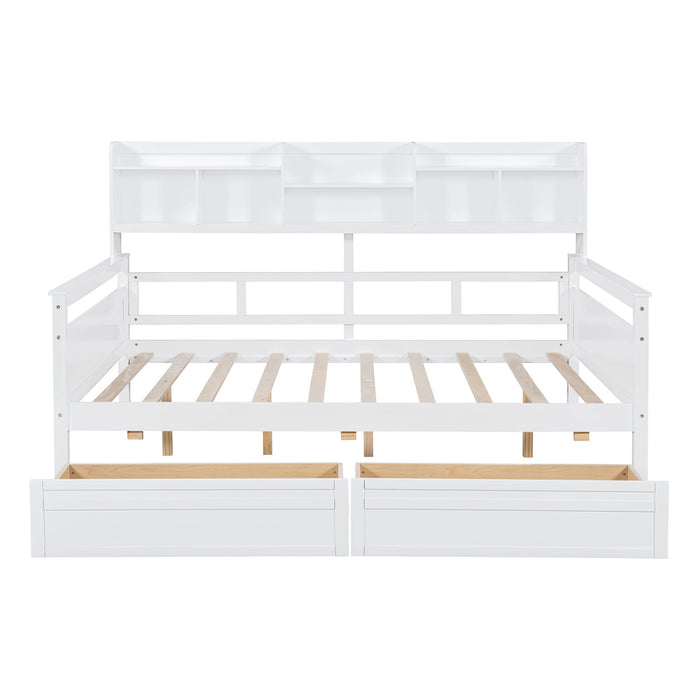 Daybed, Wood Slat Support, With Bedside Shelves And Two Drawers