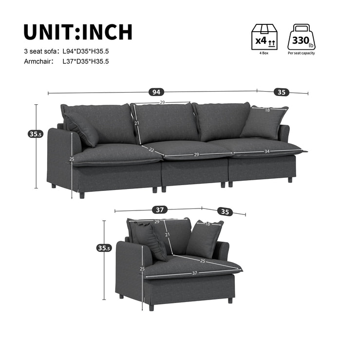 Living Room Set Modular Sectional Couch, Upholstered Sofa & Armchair & Movable Ottoman