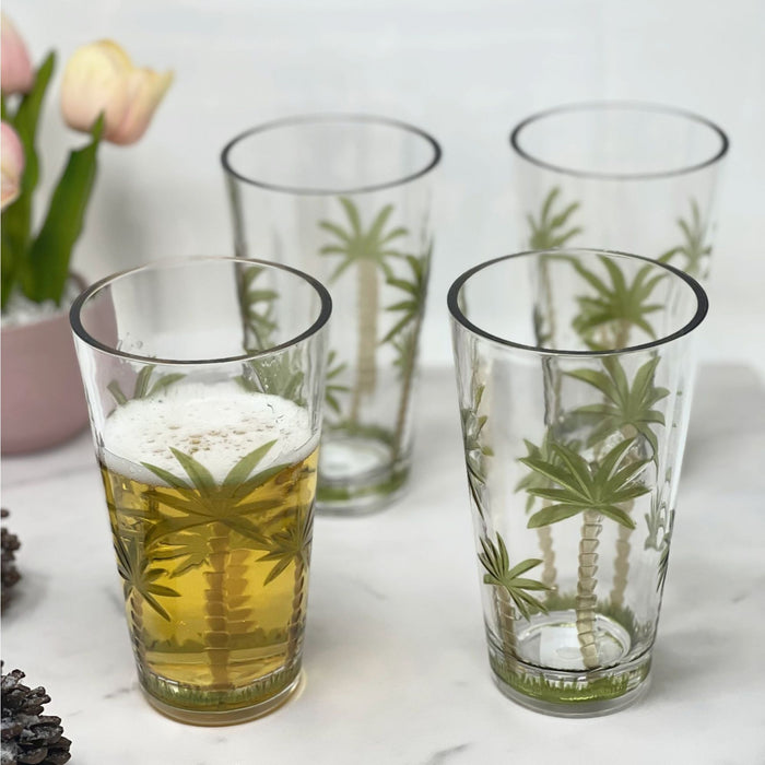 Palm Tree Design Acrylic Hi Ball Glasses Plastic, Bpa Free (Set of 4), 20Oz - Clear